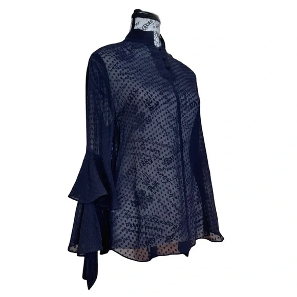 Olivia Palermo x Chelsea Blouse w/ Bell Sleeves & Mandarin Collar. Navy. Medium - Picture 3 of 12
